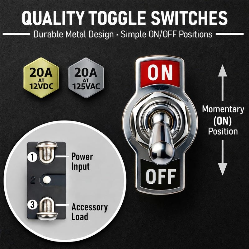 MGI SpeedWare 2-Pin SPST Momentary Metal Toggle Switch (ON)/Off | 20 Amp at 12VDC 125VAC | with Waterproof Boots (5-Pack) - Image 5